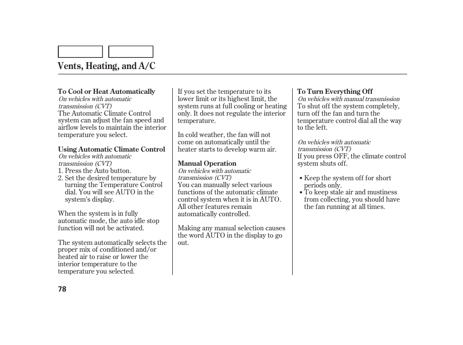 Vents, heating, and a/c | HONDA 2006 Insight  - Owner's Manual User Manual | Page 79 / 218