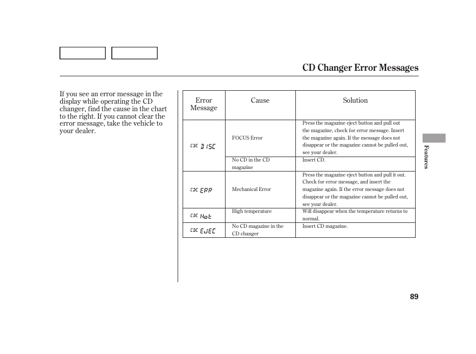 Cd changer error messages | HONDA 2006 Insight  - Owner's Manual User Manual | Page 90 / 218