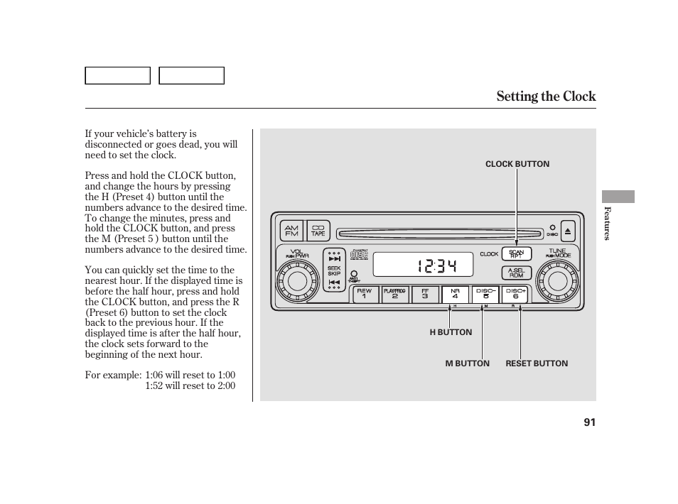 Setting the clock | HONDA 2006 Insight  - Owner's Manual User Manual | Page 92 / 218