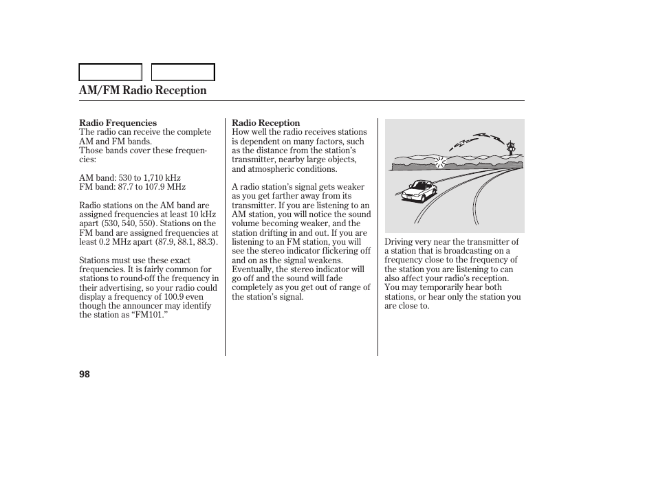 Am/fm radio reception | HONDA 2006 Element - Owner's Manual User Manual | Page 100 / 249