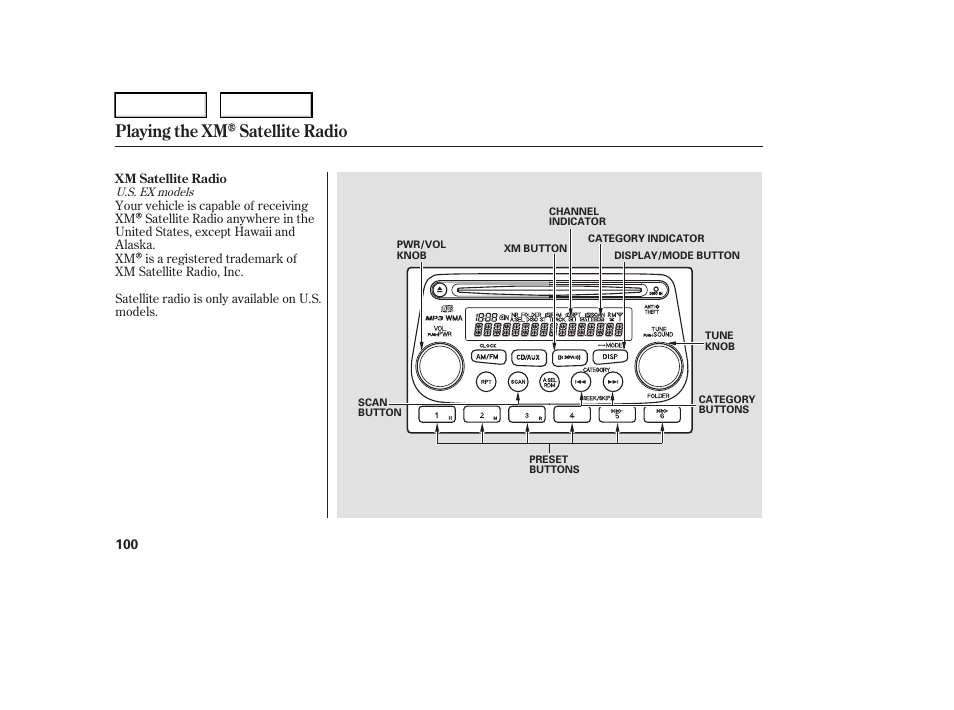 Playing the xm satellite radio | HONDA 2006 Element - Owner's Manual User Manual | Page 102 / 249