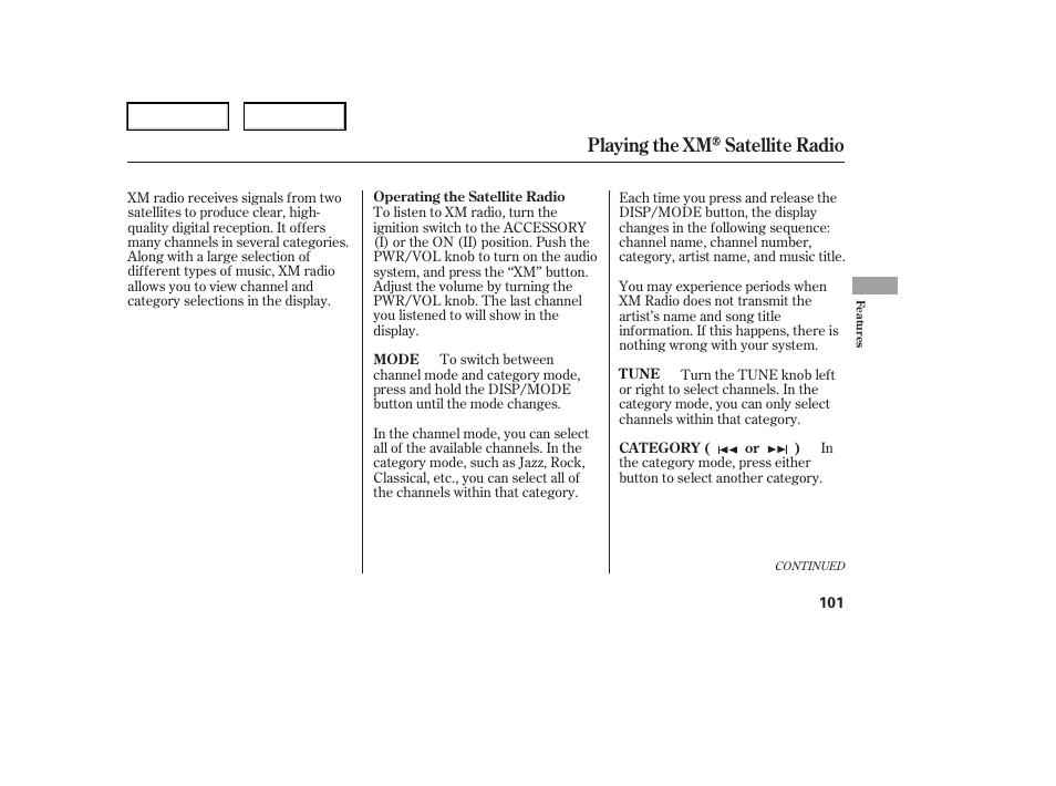 Playing the xm satellite radio | HONDA 2006 Element - Owner's Manual User Manual | Page 103 / 249