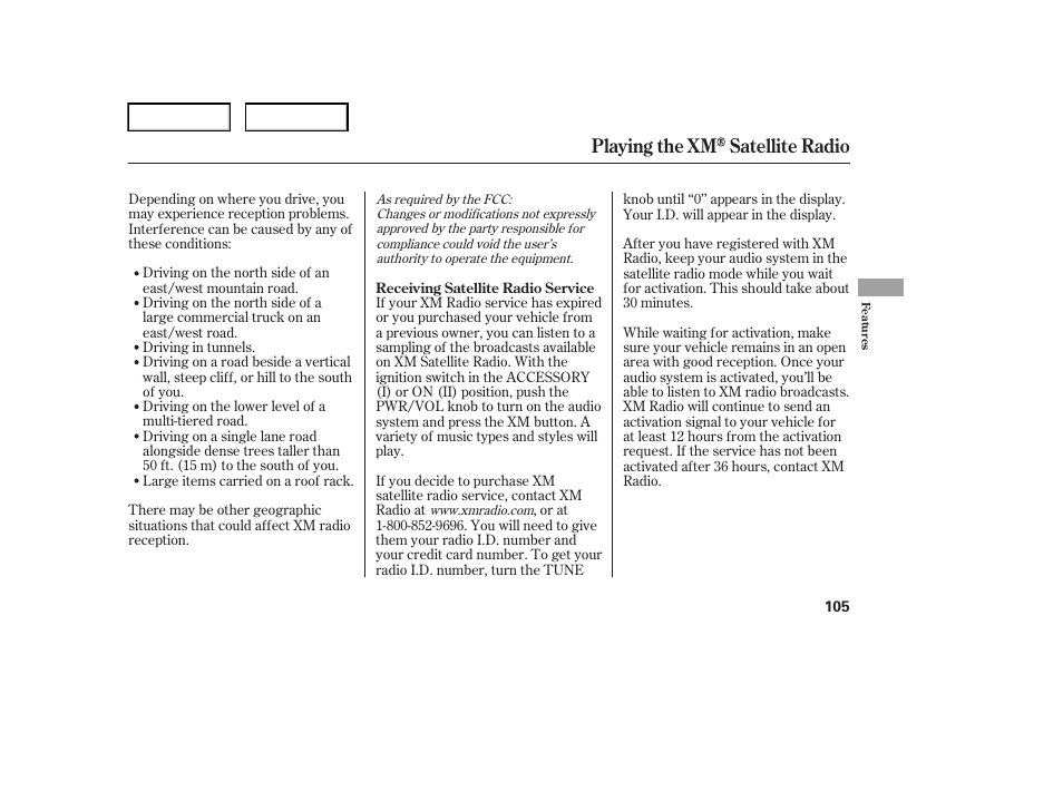 Playing the xm satellite radio | HONDA 2006 Element - Owner's Manual User Manual | Page 107 / 249