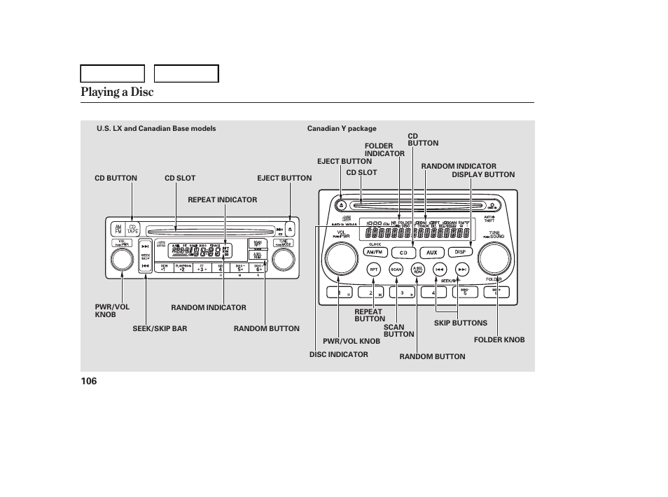 Playing a disc | HONDA 2006 Element - Owner's Manual User Manual | Page 108 / 249