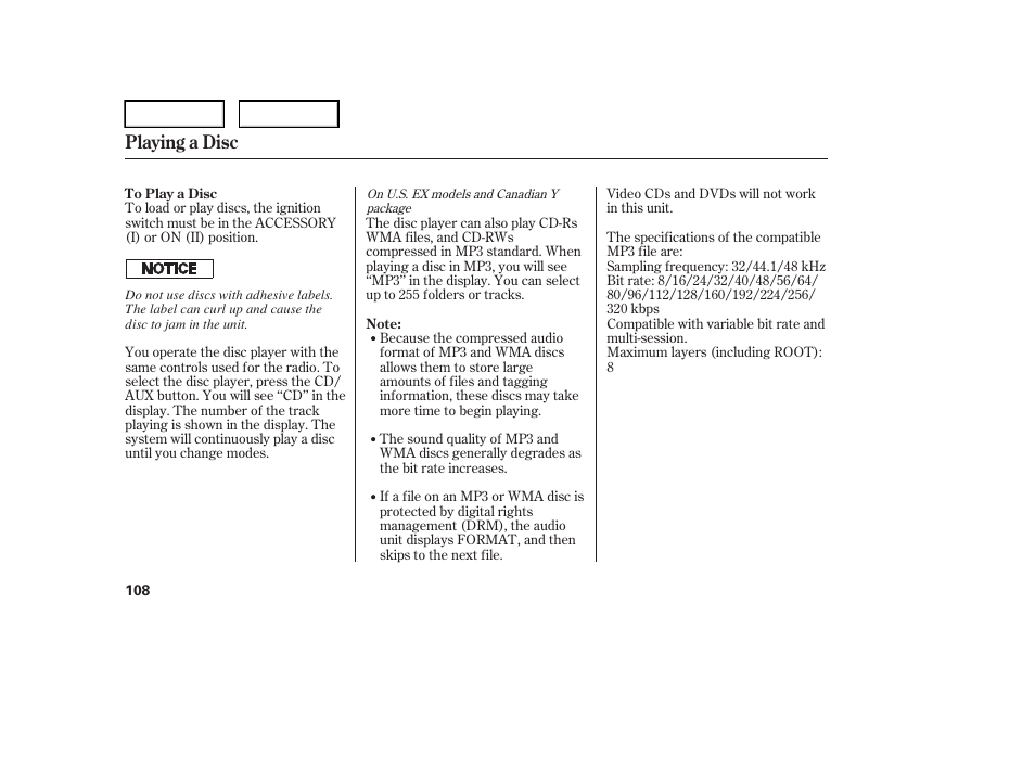 Playing a disc | HONDA 2006 Element - Owner's Manual User Manual | Page 110 / 249