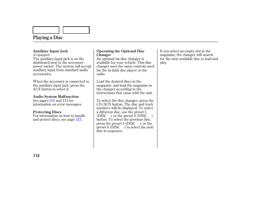 Playing a disc | HONDA 2006 Element - Owner's Manual User Manual | Page 114 / 249