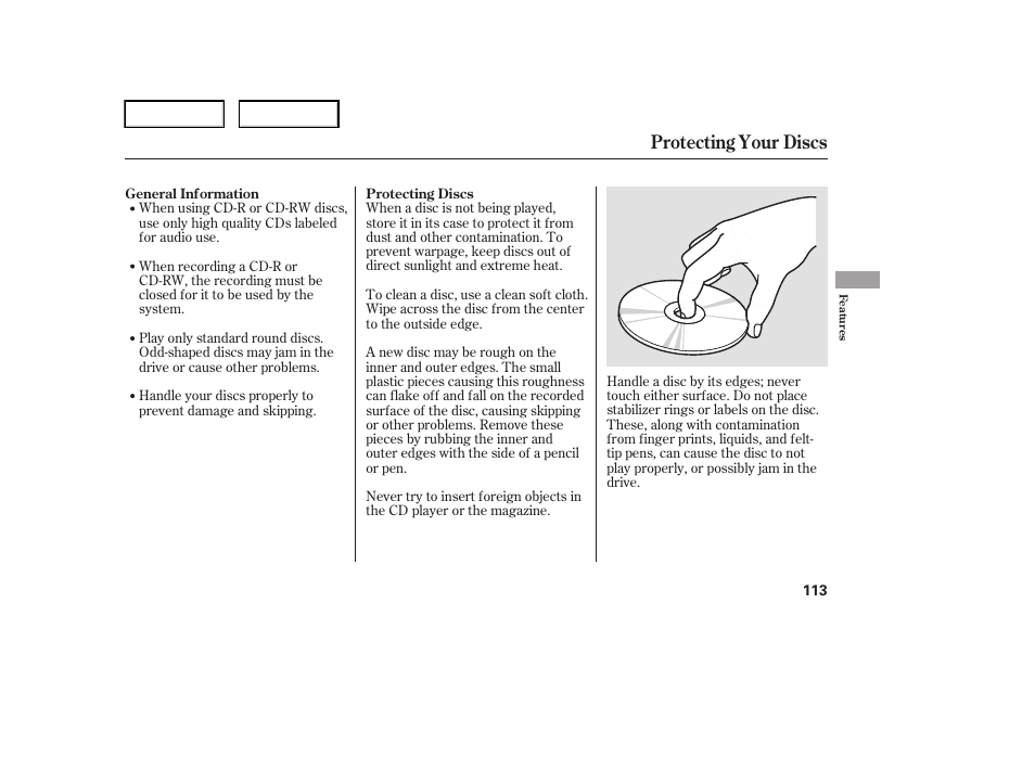 Protecting your discs | HONDA 2006 Element - Owner's Manual User Manual | Page 115 / 249