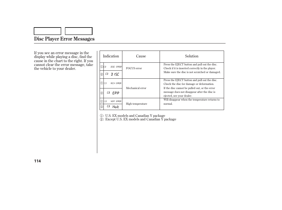 Disc player error messages | HONDA 2006 Element - Owner's Manual User Manual | Page 116 / 249