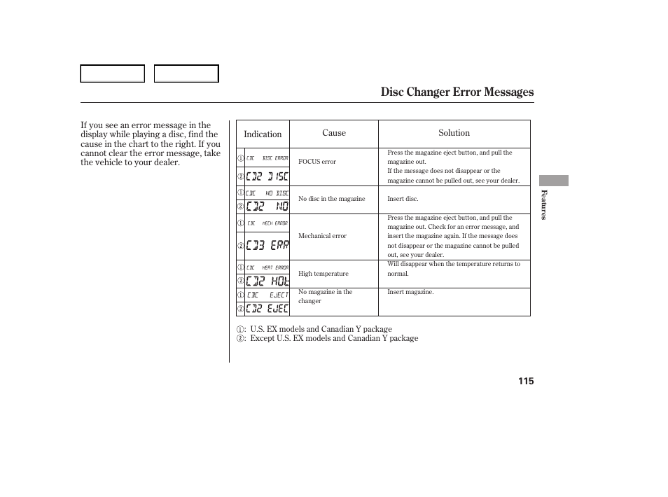 Disc changer error messages | HONDA 2006 Element - Owner's Manual User Manual | Page 117 / 249
