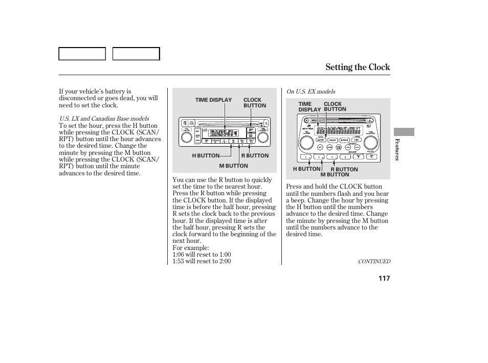 Setting the clock | HONDA 2006 Element - Owner's Manual User Manual | Page 119 / 249
