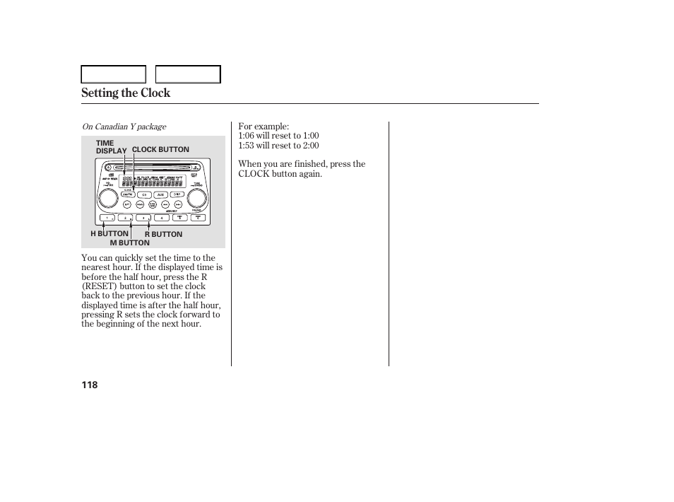 Setting the clock | HONDA 2006 Element - Owner's Manual User Manual | Page 120 / 249