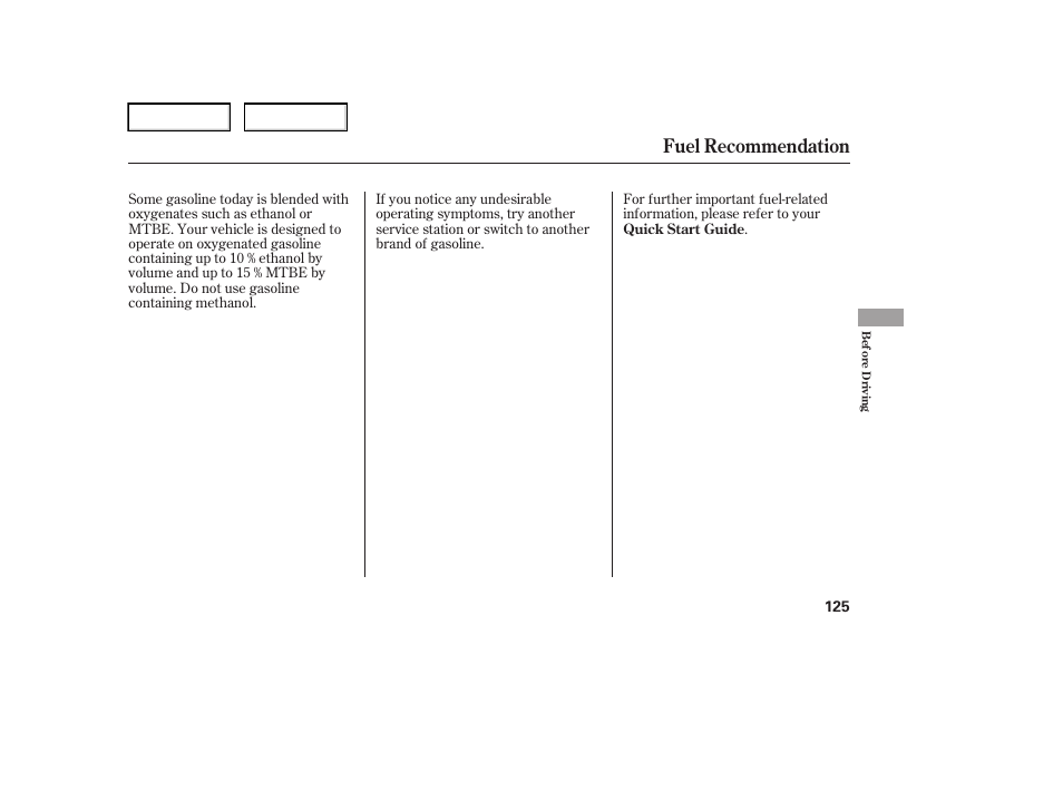 Fuel recommendation | HONDA 2006 Element - Owner's Manual User Manual | Page 127 / 249
