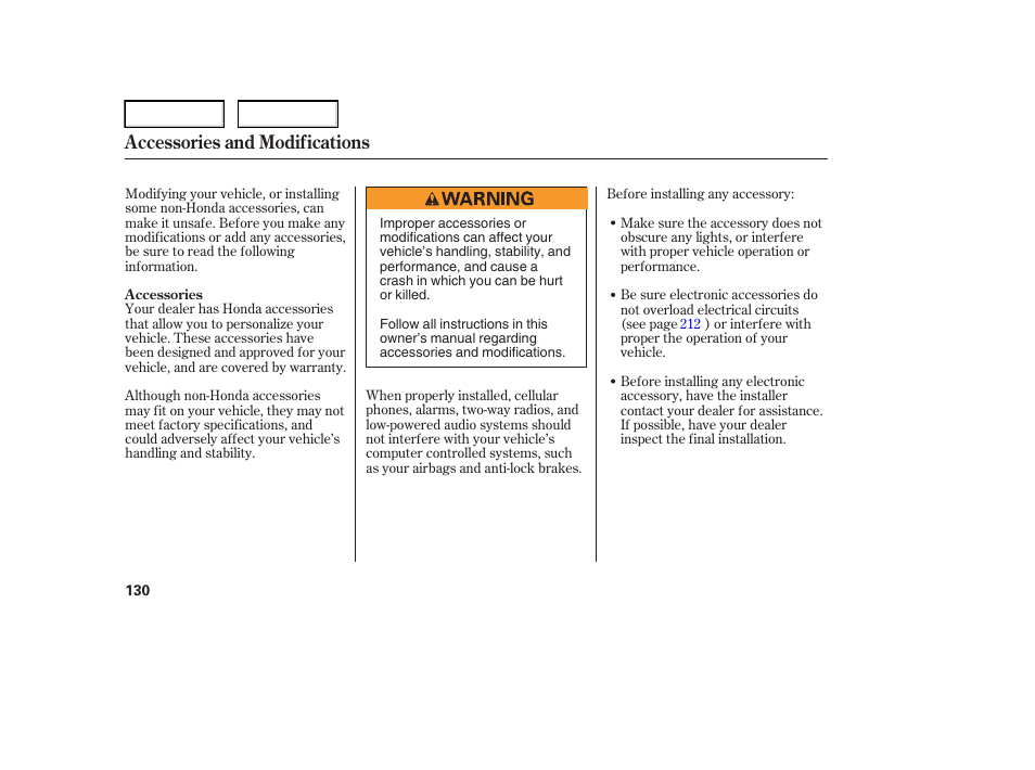 Accessories and modifications | HONDA 2006 Element - Owner's Manual User Manual | Page 132 / 249