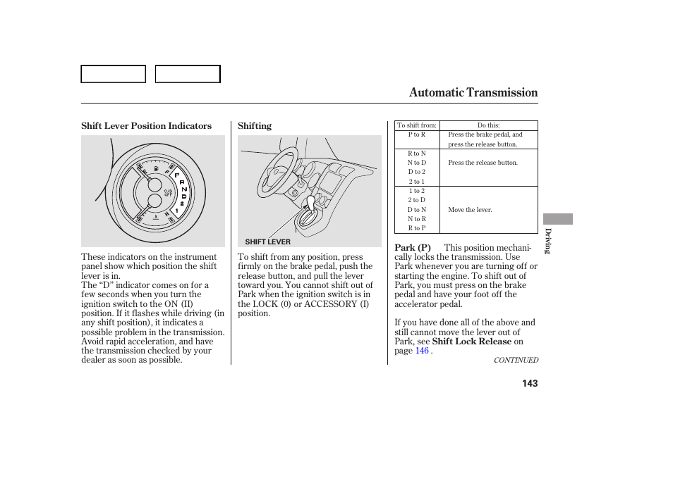 Automatic transmission | HONDA 2006 Element - Owner's Manual User Manual | Page 145 / 249