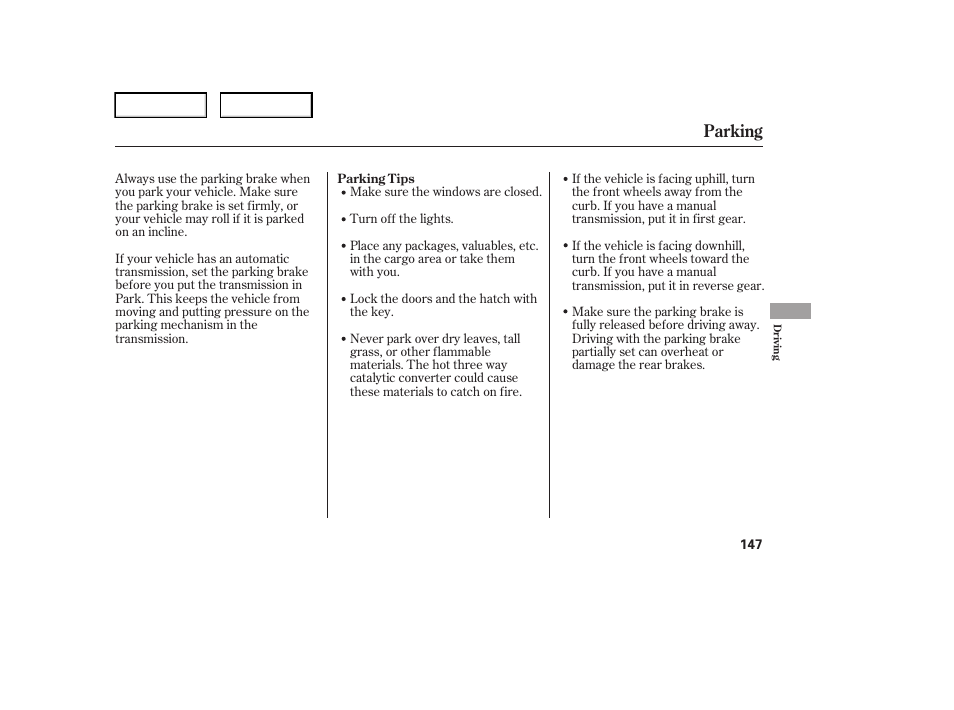 Parking | HONDA 2006 Element - Owner's Manual User Manual | Page 149 / 249