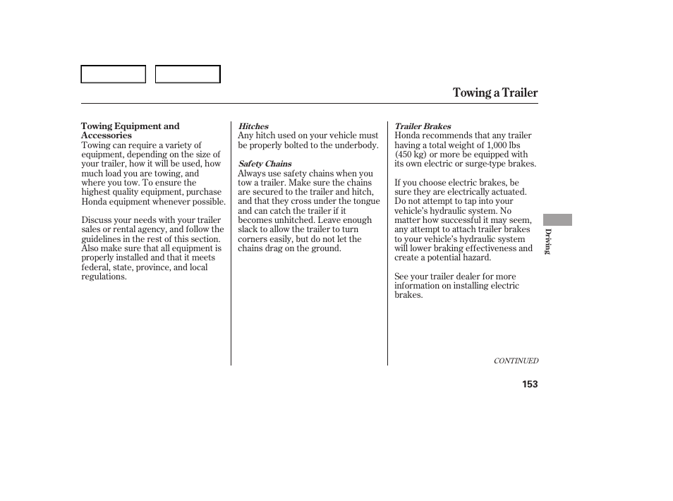 Towing a trailer | HONDA 2006 Element - Owner's Manual User Manual | Page 155 / 249