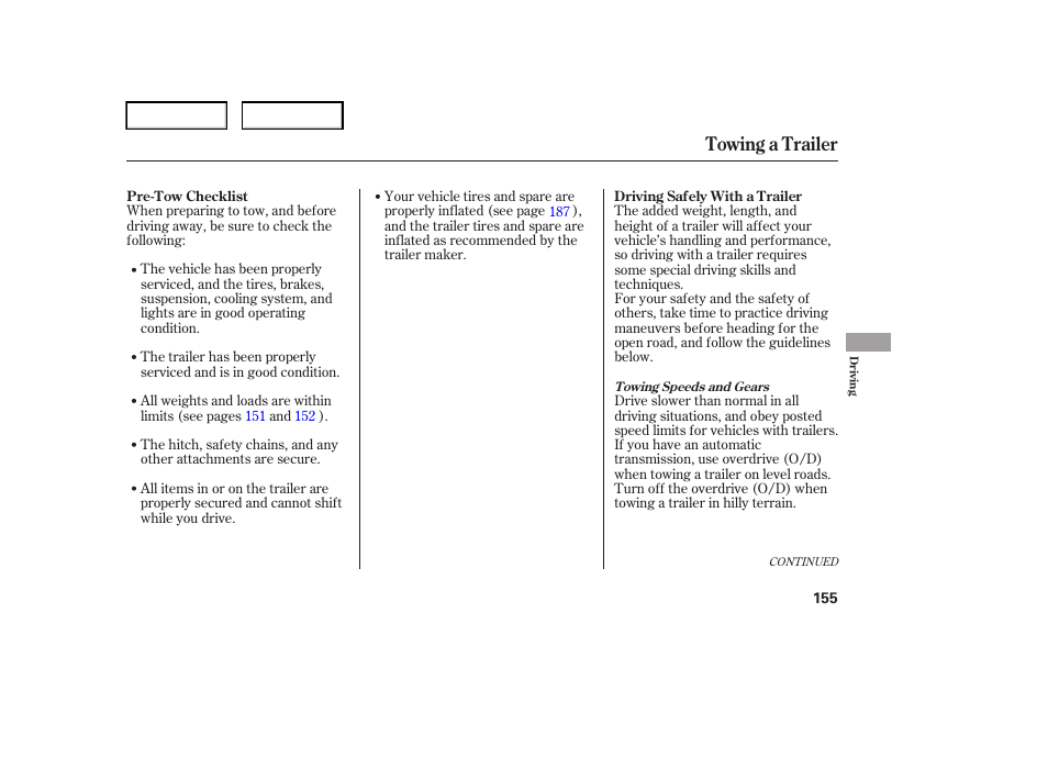 Towing a trailer | HONDA 2006 Element - Owner's Manual User Manual | Page 157 / 249