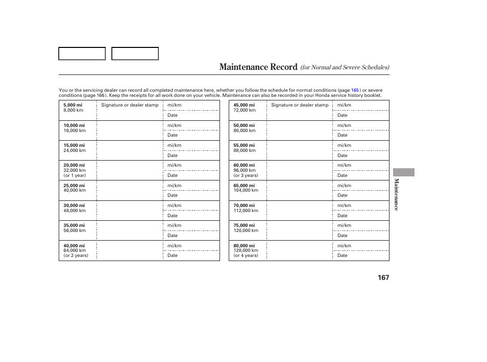 Maintenance record | HONDA 2006 Element - Owner's Manual User Manual | Page 169 / 249