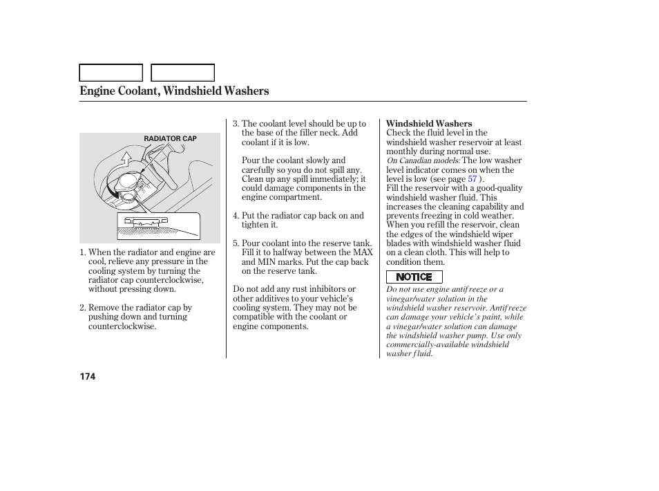 Engine coolant, windshield washers | HONDA 2006 Element - Owner's Manual User Manual | Page 176 / 249