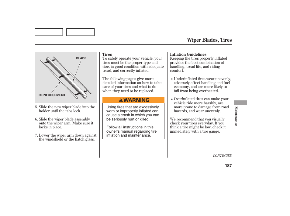Wiper blades, tires | HONDA 2006 Element - Owner's Manual User Manual | Page 189 / 249
