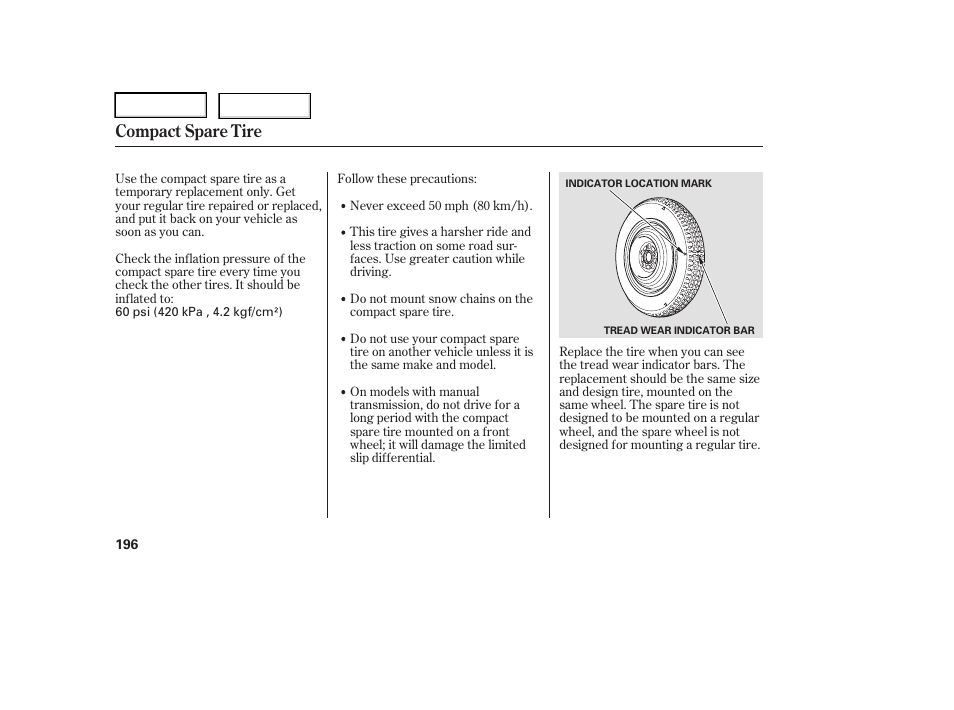 Compact spare tire | HONDA 2006 Element - Owner's Manual User Manual | Page 198 / 249