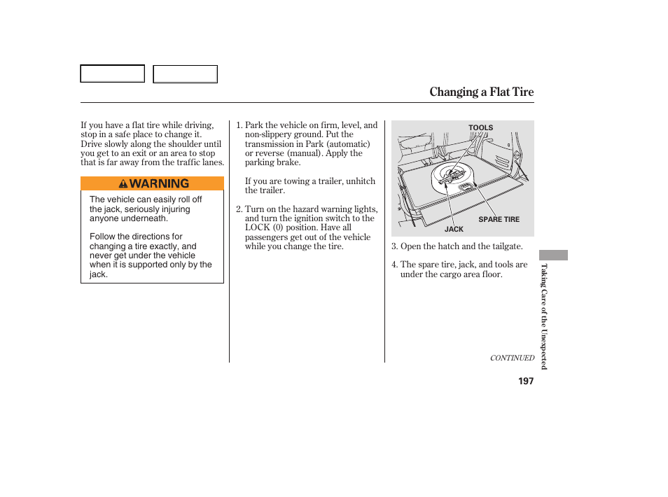 Changing a flat tire | HONDA 2006 Element - Owner's Manual User Manual | Page 199 / 249