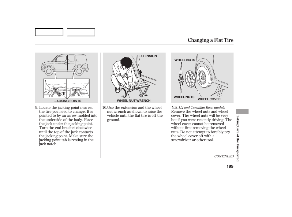 Changing a flat tire | HONDA 2006 Element - Owner's Manual User Manual | Page 201 / 249