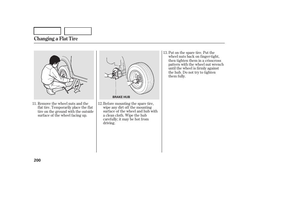 Changing a flat tire | HONDA 2006 Element - Owner's Manual User Manual | Page 202 / 249
