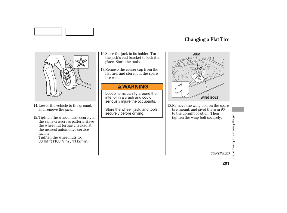 Changing a flat tire | HONDA 2006 Element - Owner's Manual User Manual | Page 203 / 249
