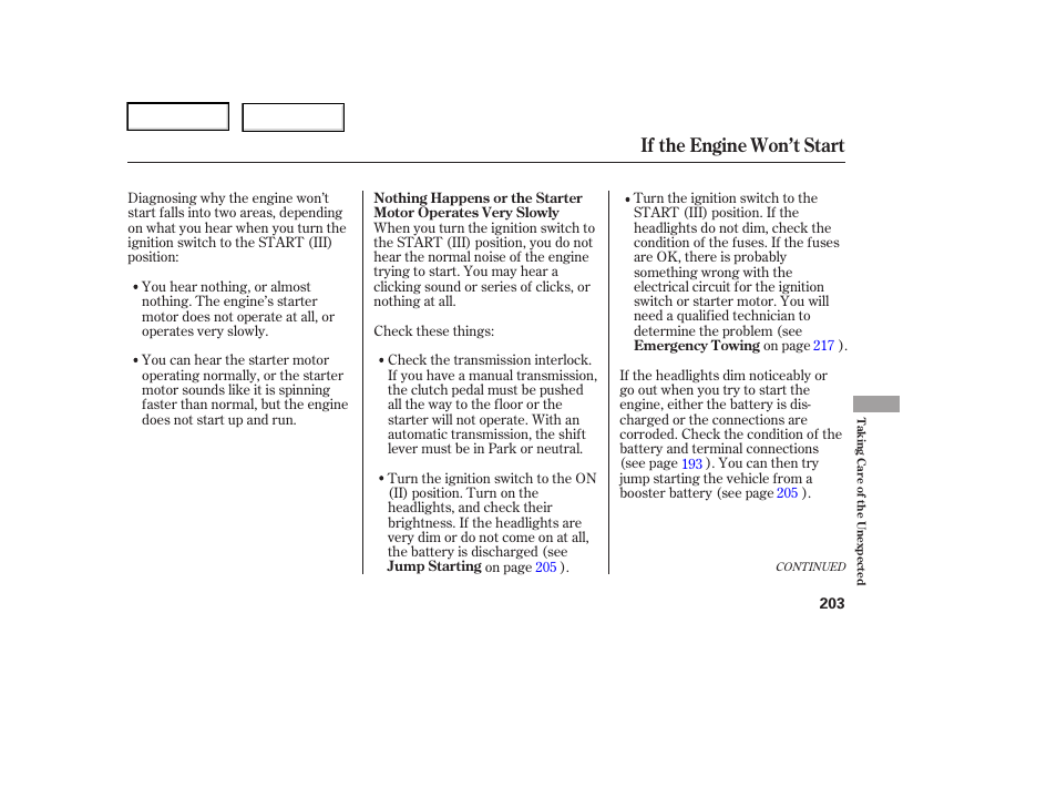 If the engine won’t start | HONDA 2006 Element - Owner's Manual User Manual | Page 205 / 249
