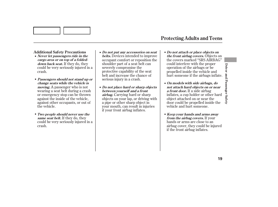 Protecting adults and teens | HONDA 2006 Element - Owner's Manual User Manual | Page 21 / 249