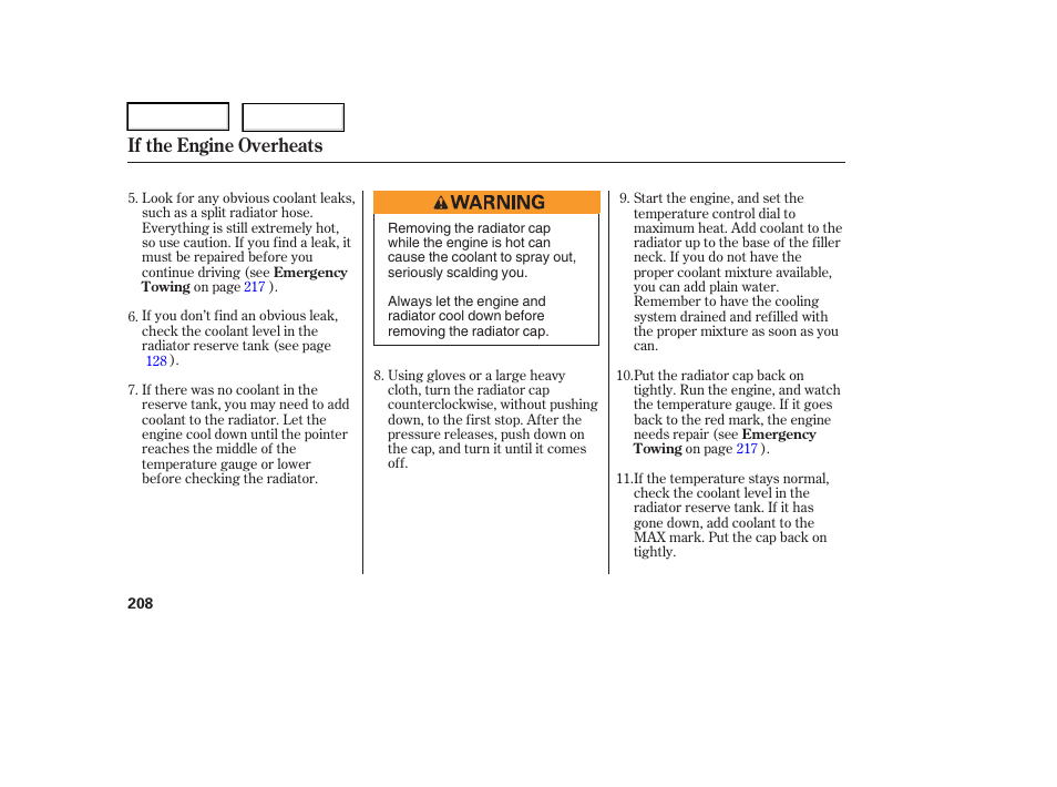 If the engine overheats | HONDA 2006 Element - Owner's Manual User Manual | Page 210 / 249