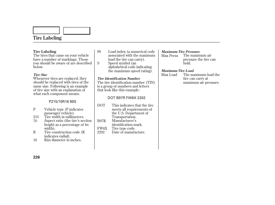 Tire labeling | HONDA 2006 Element - Owner's Manual User Manual | Page 228 / 249