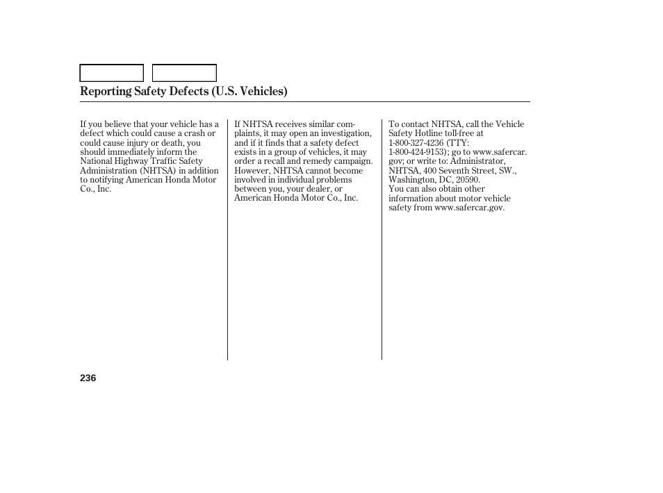 Reporting safety defects (u.s. vehicles) | HONDA 2006 Element - Owner's Manual User Manual | Page 238 / 249
