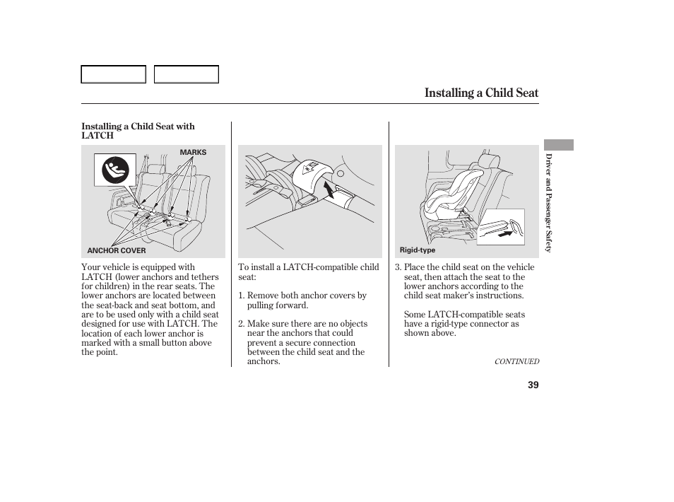 Installing a child seat | HONDA 2006 Element - Owner's Manual User Manual | Page 41 / 249