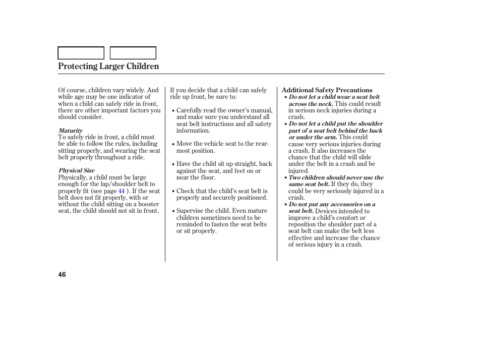 Protecting larger children | HONDA 2006 Element - Owner's Manual User Manual | Page 48 / 249