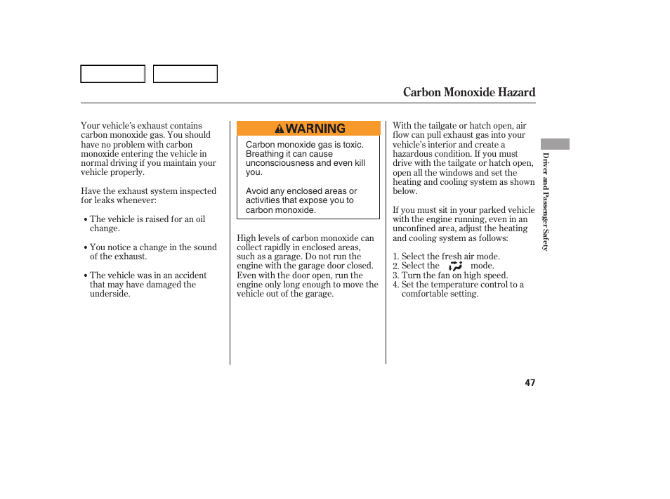 Carbon monoxide hazard | HONDA 2006 Element - Owner's Manual User Manual | Page 49 / 249