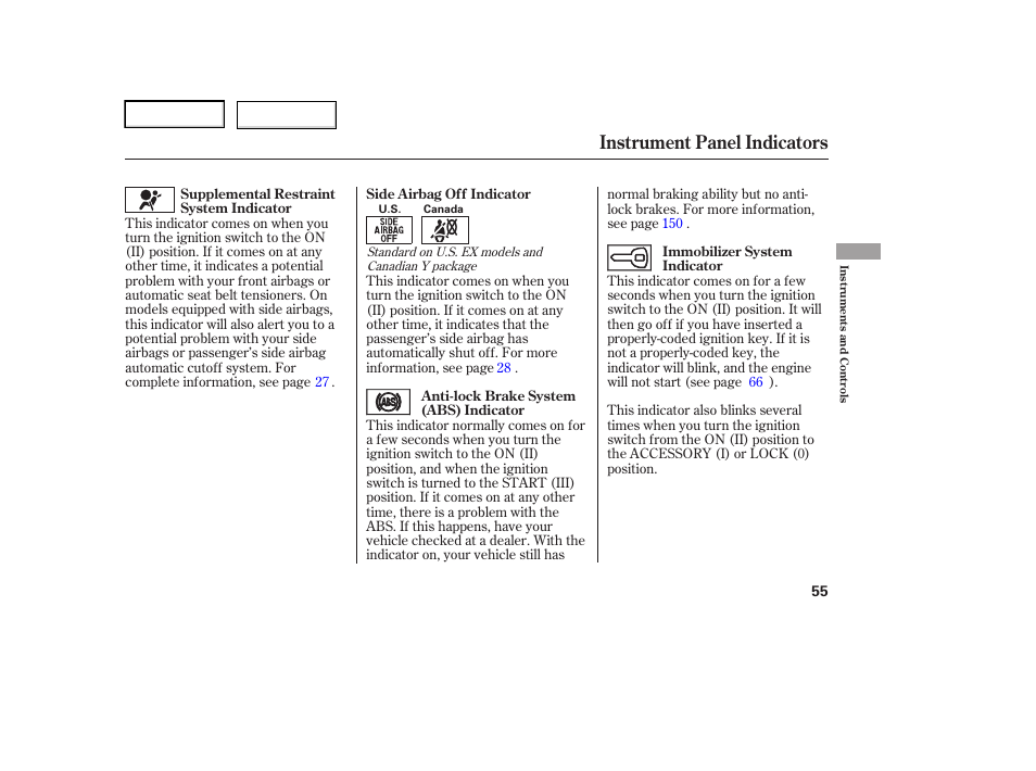 Instrument panel indicators | HONDA 2006 Element - Owner's Manual User Manual | Page 57 / 249