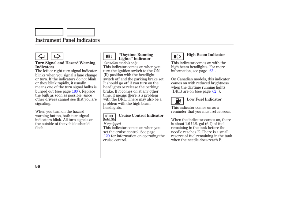 Instrument panel indicators | HONDA 2006 Element - Owner's Manual User Manual | Page 58 / 249