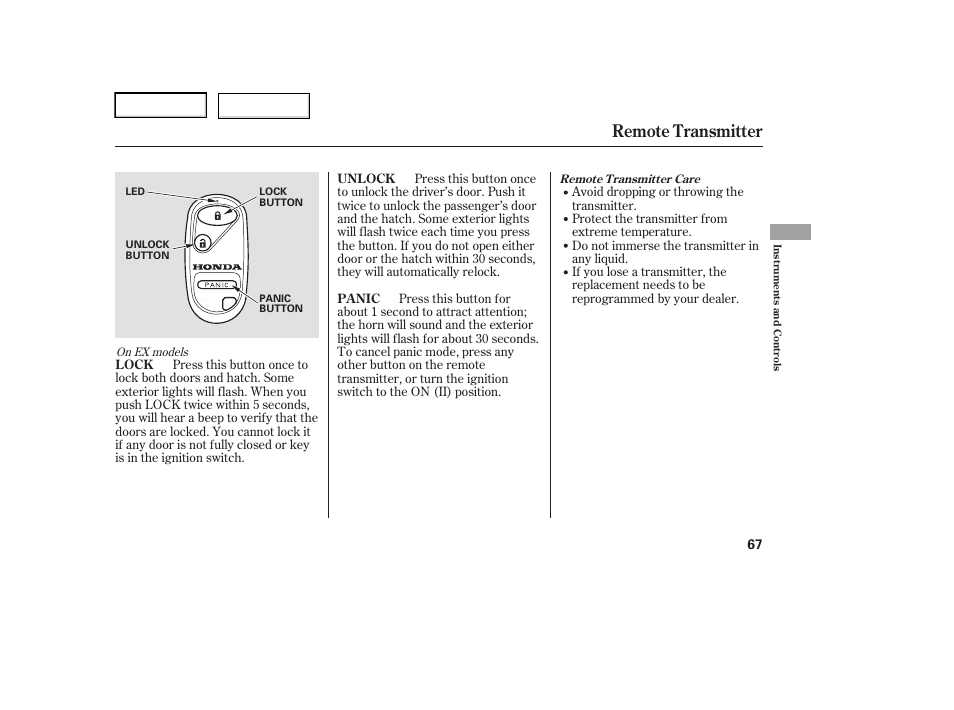 Remote transmitter | HONDA 2006 Element - Owner's Manual User Manual | Page 69 / 249