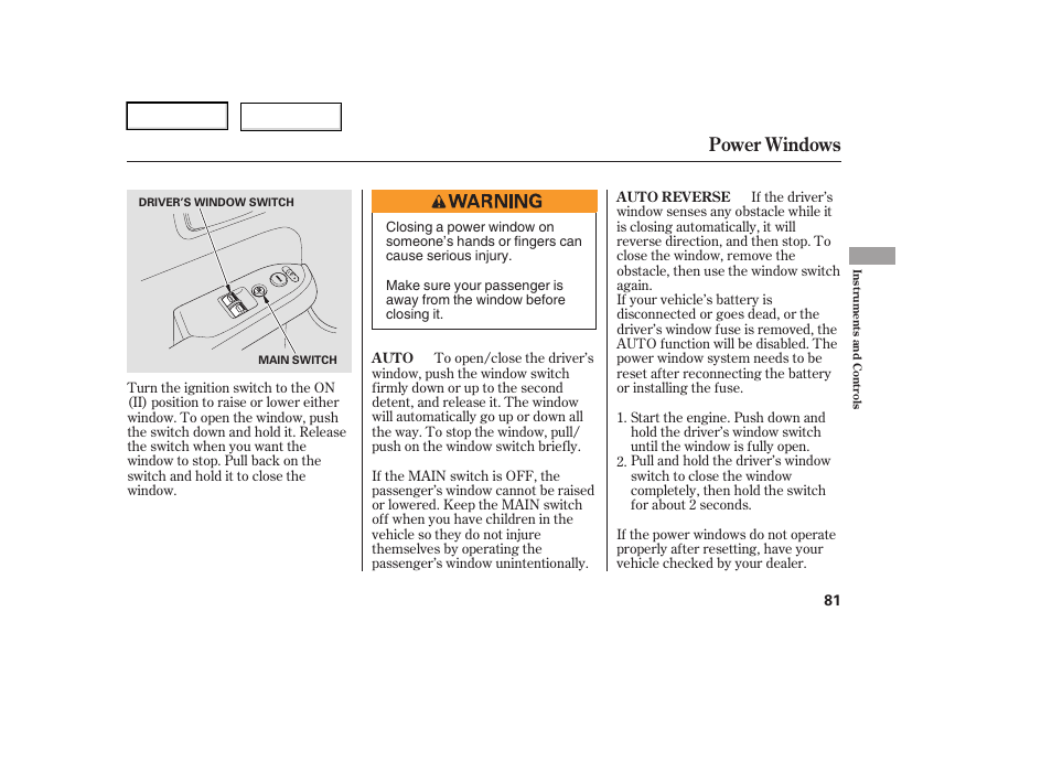 Power windows | HONDA 2006 Element - Owner's Manual User Manual | Page 83 / 249