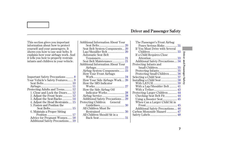 Driver and passenger safety | HONDA 2006 Element - Owner's Manual User Manual | Page 9 / 249