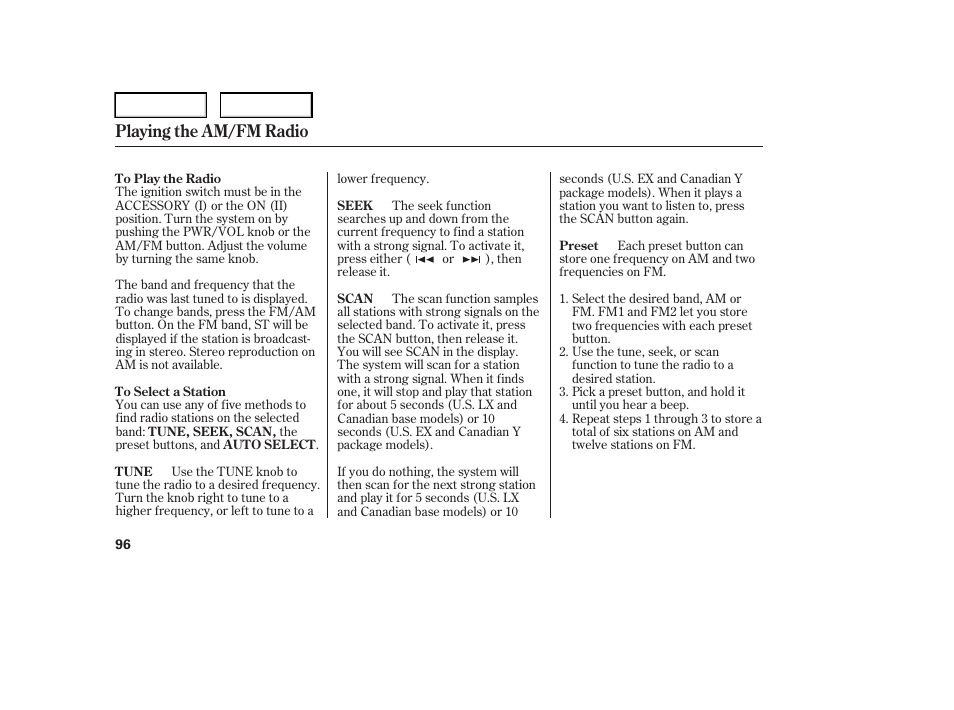 Playing the am/fm radio | HONDA 2006 Element - Owner's Manual User Manual | Page 98 / 249