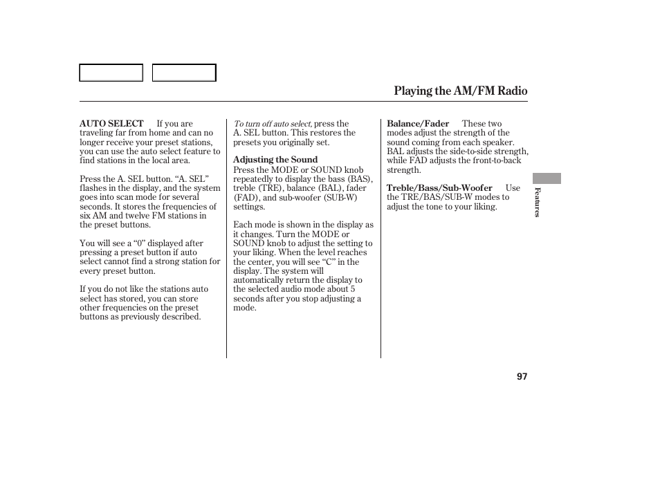 Playing the am/fm radio | HONDA 2006 Element - Owner's Manual User Manual | Page 99 / 249
