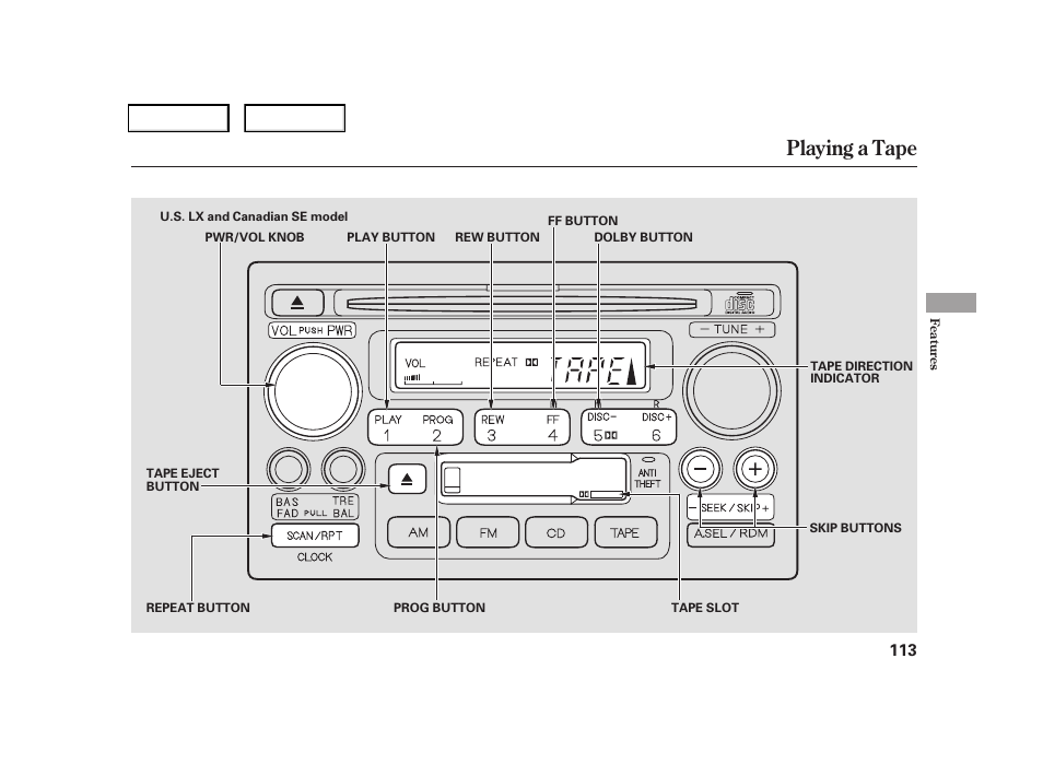 Playing a tape | HONDA 2006 CR-V - Owner's Manual User Manual | Page 116 / 274