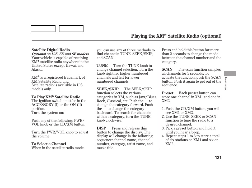 Playing the xm satellite radio (optional) | HONDA 2006 CR-V - Owner's Manual User Manual | Page 124 / 274
