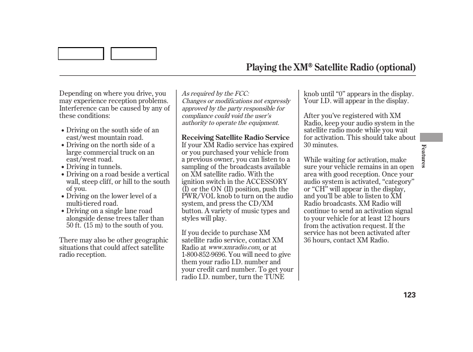 Playing the xm satellite radio (optional) | HONDA 2006 CR-V - Owner's Manual User Manual | Page 126 / 274