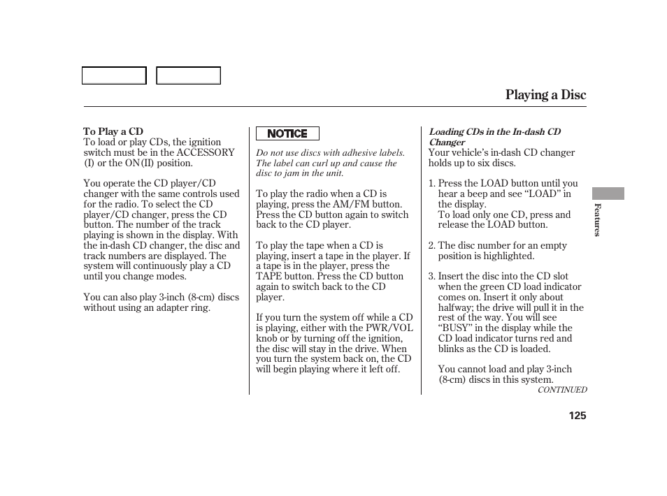 Playing a disc | HONDA 2006 CR-V - Owner's Manual User Manual | Page 128 / 274