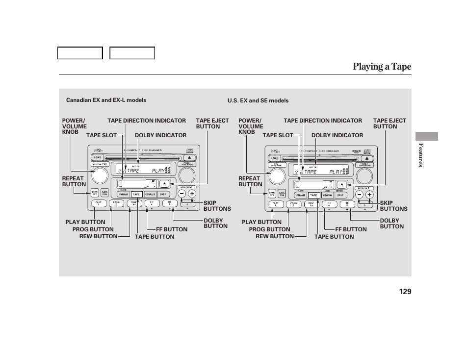 Playing a tape | HONDA 2006 CR-V - Owner's Manual User Manual | Page 132 / 274