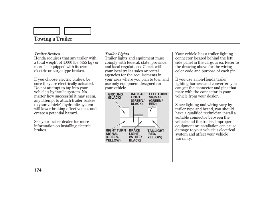 Towing a trailer | HONDA 2006 CR-V - Owner's Manual User Manual | Page 177 / 274